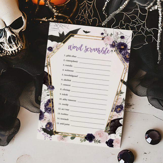 Papier Floral Gothique Coffin Word Jeu de course (Floral Gothic Coffin Baby Shower Word Scramble Game)