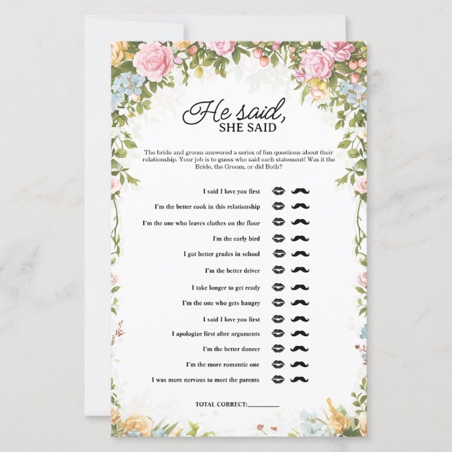 Papier Floral He Said She Said Bridal Shower Game (Devant)