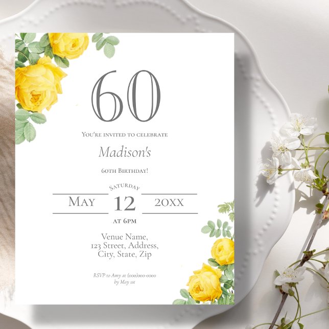 Papier Floral jaune | Invitation budgétaire pour 60e anni (Créateur téléchargé)