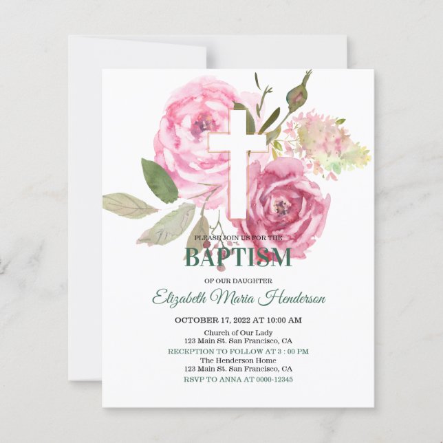 Papier Floral & Or/BUDGET- Invitation Baptême Fille. (Devant)