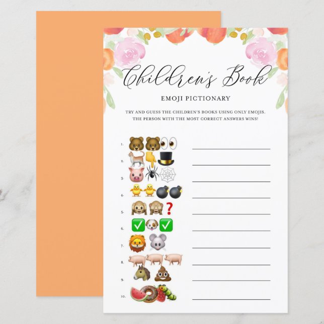 Papier Floral Peaches Emoji Pictionary Baby shower jeu (Devant / Derrière)