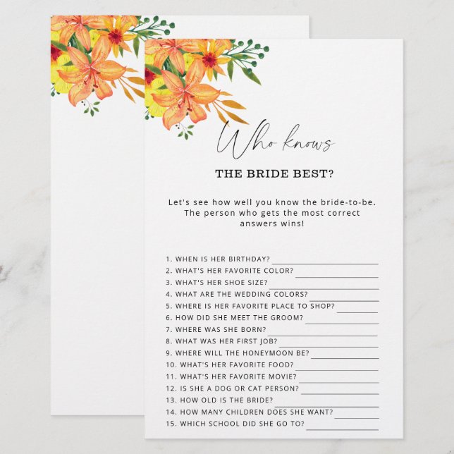 Papier Floral Qui connaît la mariée meilleur jeu (Devant / Derrière)
