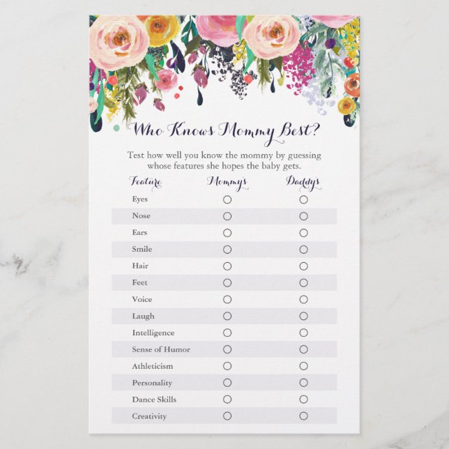 Papier Floral Qui Connaît Maman Meilleur Baby shower Jeu (Devant)
