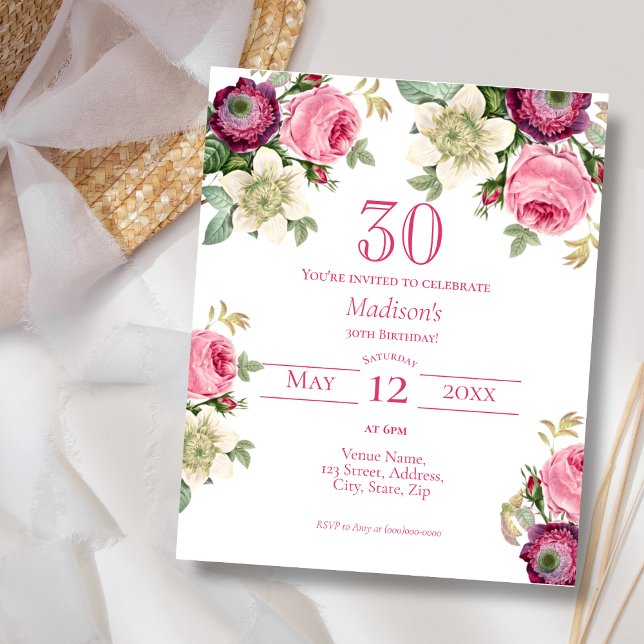 Papier Floral rose | 30e Invitation d'anniversaire du bud (Créateur téléchargé)