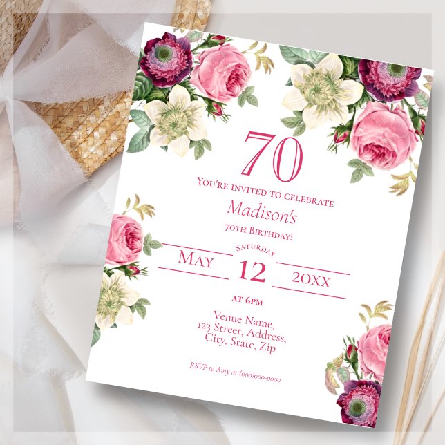 Papier Floral rose | 70e Invitation d'anniversaire du bud (Créateur téléchargé)