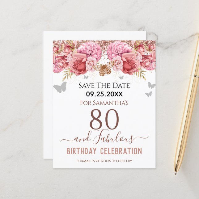 Papier Floral rose 80e anniversaire Enregistrer la date (Devant/Arrière en situation)