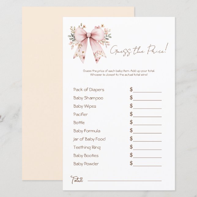 Papier Floral Rose Bow Girl Baby shower Prix Guess (Devant / Derrière)