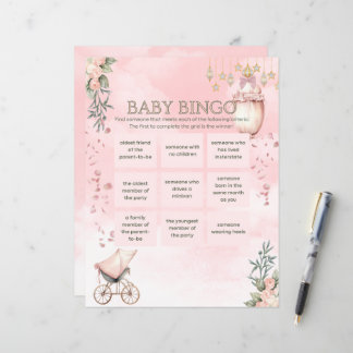 Papier Floral rose fille Baby shower jeu de bingo