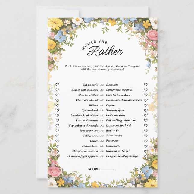 Papier Floral Tea Party Would She Rather Bridal Game (Devant)