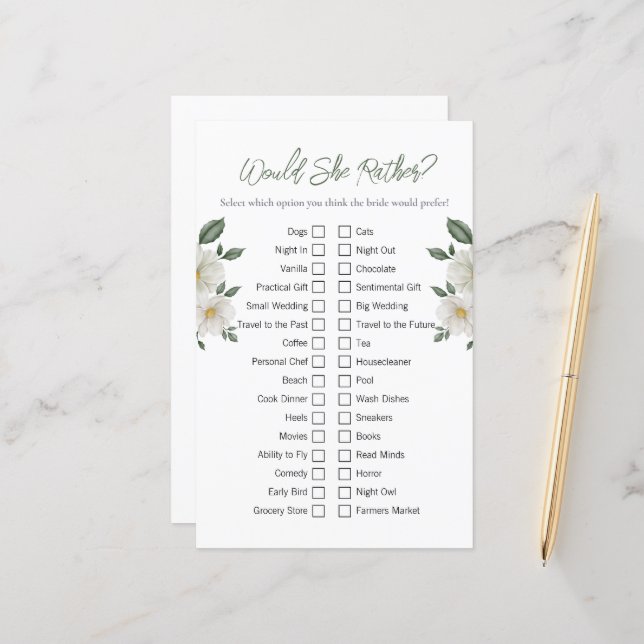 Papier Floral "Voudrait-Elle Plaire" Fête des mariées Jeu (Devant/Arrière en situation)