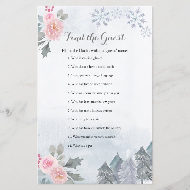 Papier Floral Winter Snowflakes Trouvez le jeu Invité (Devant)