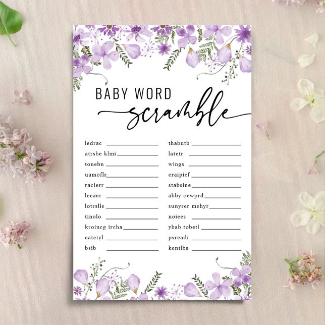Papier Florales pourpres Baby Word Scramble Baby shower J (Créateur téléchargé)