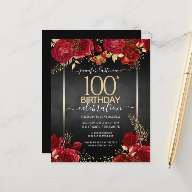 Papier Flore rouge et or 100e anniversaire Invitation (Devant/Arrière en situation)