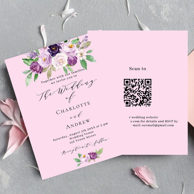 Papier Flores rose violet QR budget faire-part de mariage (Créateur téléchargé)