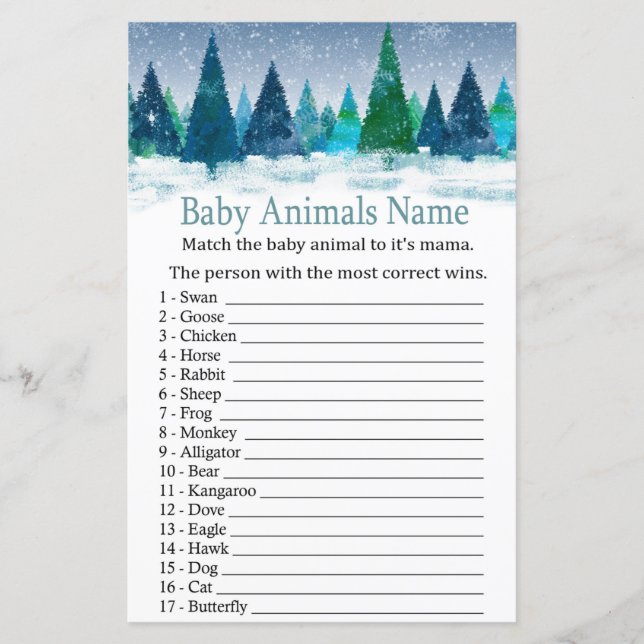 Papier forêt d'hiver Bébé Animaux Nom baby shower de jeu (Devant)