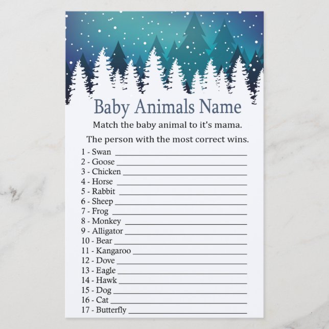 Papier Forêt d'hiver Bébé Animaux Nom baby shower de jeu (Devant)