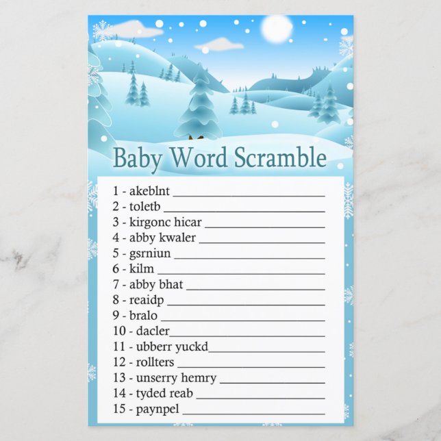 Papier Forêt d'hiver neige Baby mot scramble jeu (Devant)