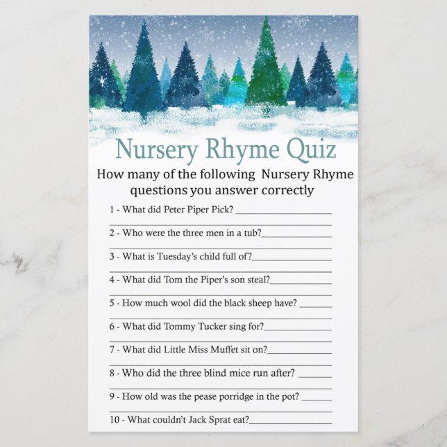 Papier forêt d'hiver Nursery Rhyme Quiz jeu de baby showe (Devant)