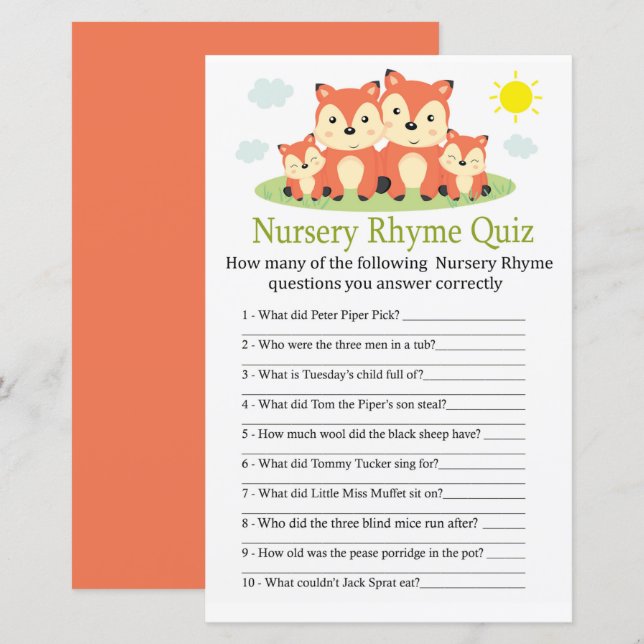 Papier Fox Nursery Rhyme Quiz jeu de baby shower (Devant / Derrière)