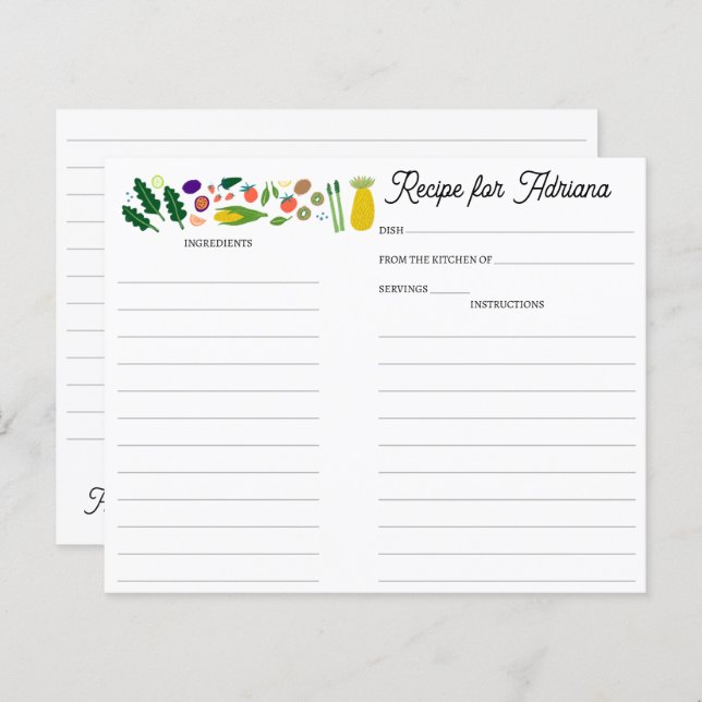 Papier Fruit Veggies CUSTOM Bridal Shower Recipe Card (Devant / Derrière)
