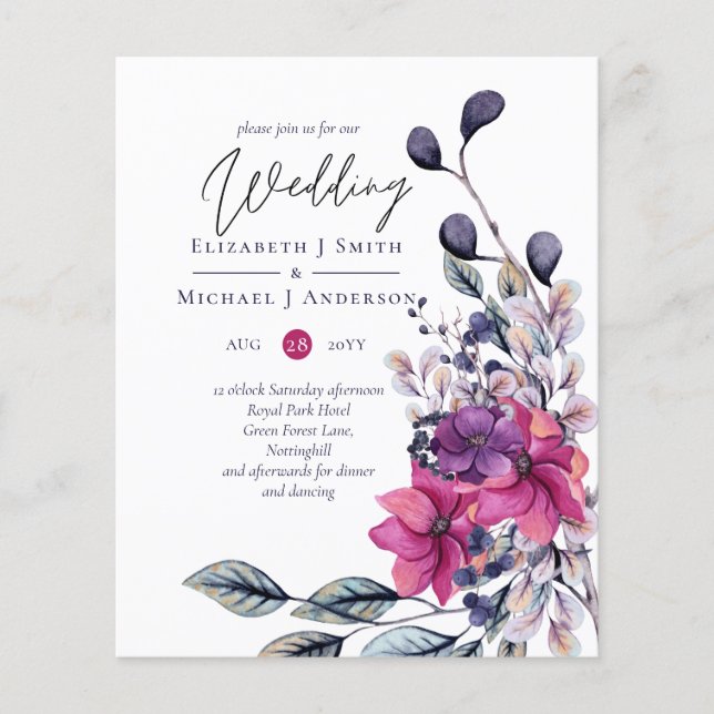 Papier Fuchsia Dreams Faire-part de mariage BUDGET (Devant)