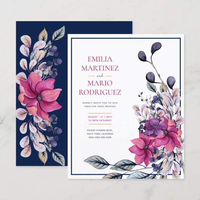 Papier Fuchsia Mariage floral bleu marine rose (Devant / Derrière)