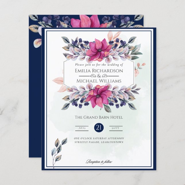 Papier Fuchsia Marine Rose Bleu Floral Chic Mariage (Devant / Derrière)
