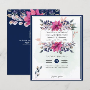 Papier Fuchsia Marine Rose Bleu Floral Chic Mariage