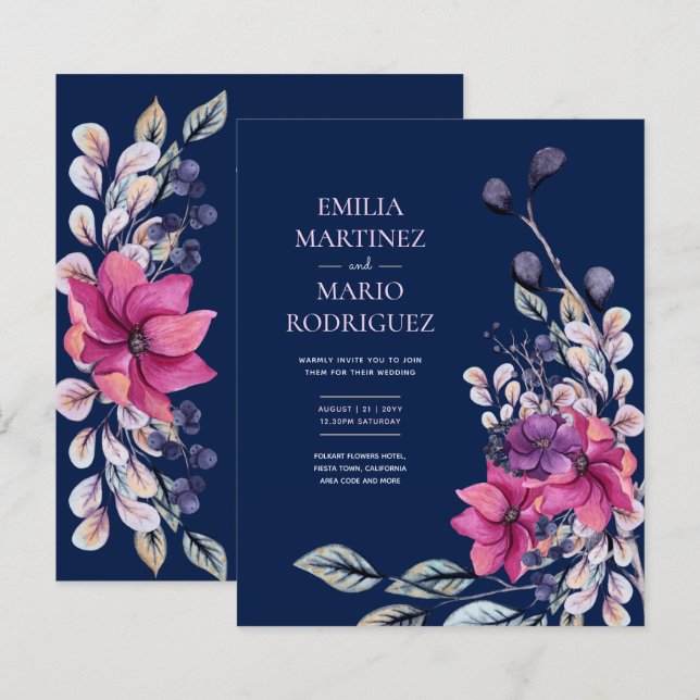 Papier Fuchsia Pink Navy Blue Floral Mariage Budget (Devant / Derrière)