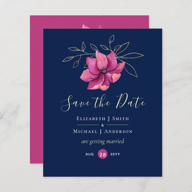 Papier Fuchsia Pink Navy Blue Mariage Date de sauvegarde (Devant / Derrière)