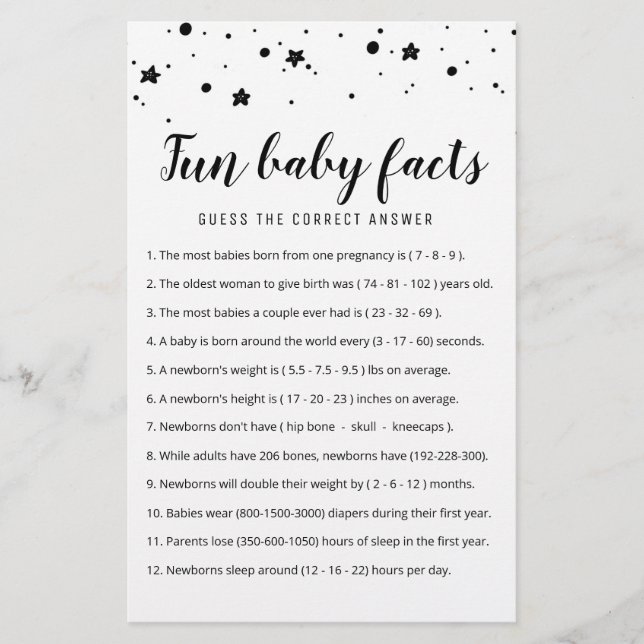 Papier Fun Baby Facts Jeu avec réponses Baby shower parti (Devant)
