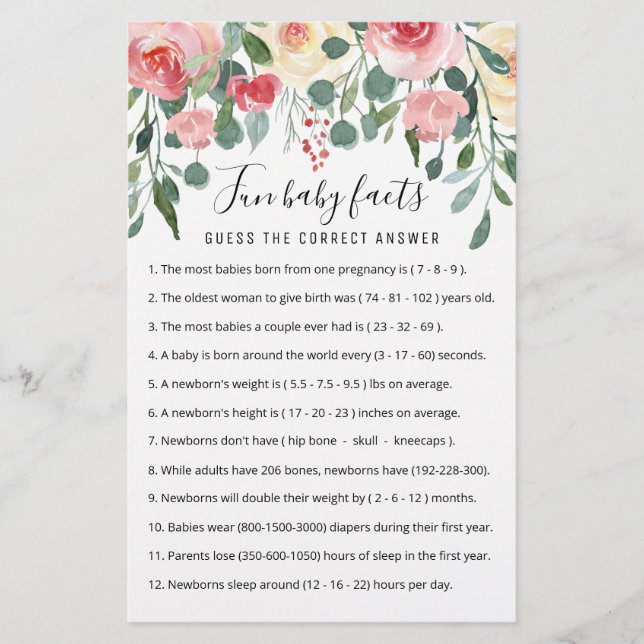 Papier Fun Baby Facts Jeu avec réponses Baby shower parti (Devant)