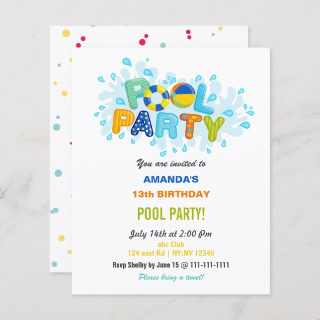 Papier Fun Summer Swimming Pool Party Birthday  (Devant / Derrière)