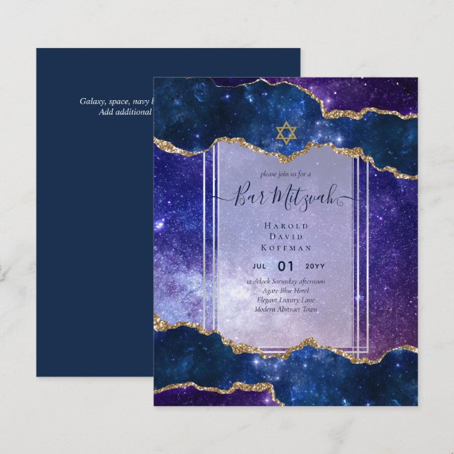 Papier Galaxy Starry Night BAR MITZVAH Invitations Bleu (Devant / Derrière)