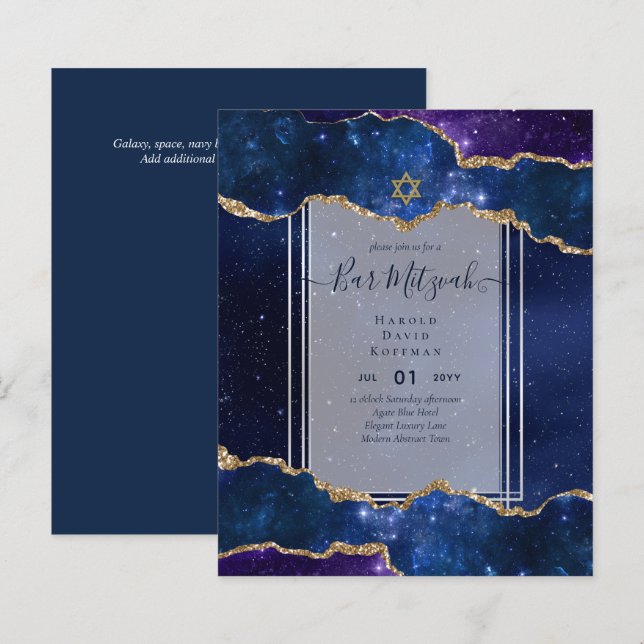 Papier Galaxy Starry Night BAR MITZVAH Invitations Bleu (Devant / Derrière)