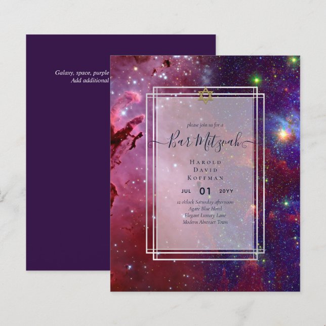 Papier Galaxy Starry Night BAR MITZVAH Invitations Bleu (Devant / Derrière)