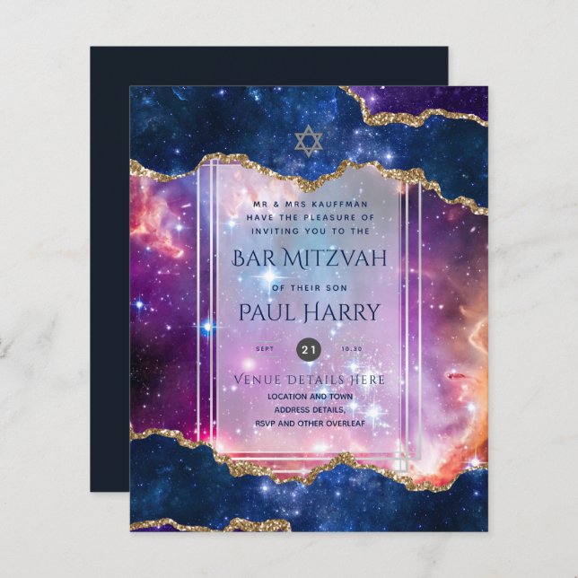 Papier Galaxy Starry Night BAR MITZVAH Invitations Marine (Devant / Derrière)