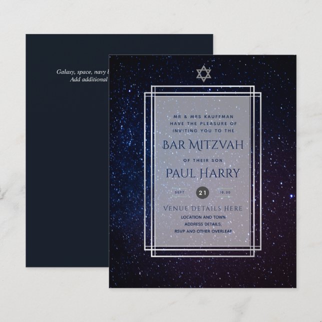 Papier Galaxy Starry Night BAR MITZVAH Invitations Marine (Devant / Derrière)
