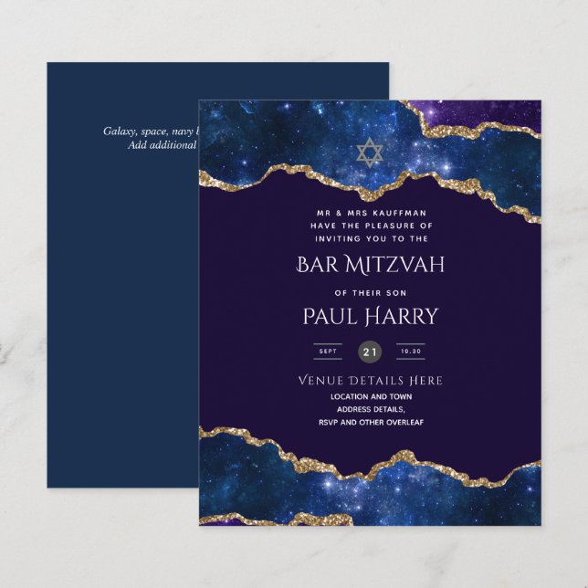 Papier Galaxy Starry Night BAR MITZVAH Invitations Marine (Devant / Derrière)