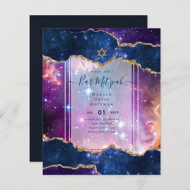 Papier Galaxy Starry Night Invitations BAR MITZVAH Bleu (Devant / Derrière)