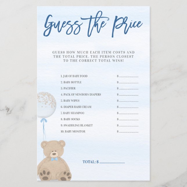 Papier Garçon Teddy Bear Blue Balloon Devinez le prix jeu (Devant)