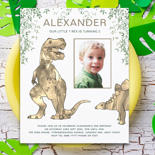Papier Garçons d'anniversaire de la jungle des dinosaures (Dinosaur jungle T-Rex and stegosaurus 2nd birthday party budget invitation with photo template )