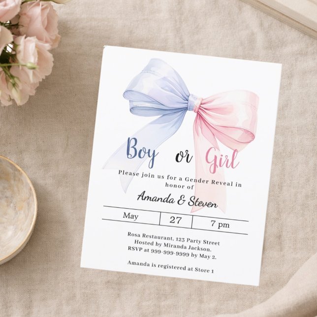Papier Gender reveal pink blue bow boy girl invitation (Créateur téléchargé)