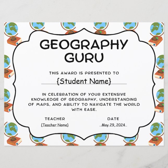 Papier Géographie Prix Guru de reconnaissance étudiante (Devant)