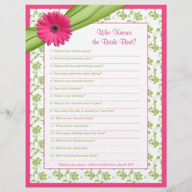 Papier Gerber Rose Daisy Green Floral Fête des mariées Je (Devant)