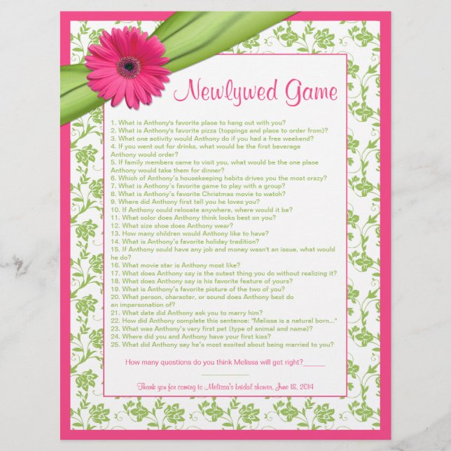 Papier Gerber Rose Daisy Green Floral Fête des mariées Je (Devant)