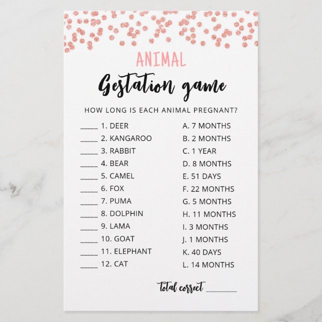 Papier Gestation animale avec réponses Baby shower Jeu (Devant)