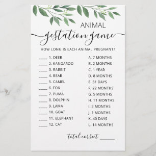 Papier Gestation animale avec réponses Baby shower Jeu