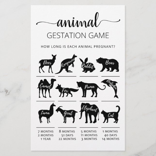 Papier Gestation animale avec réponses Baby shower Jeu (Devant)
