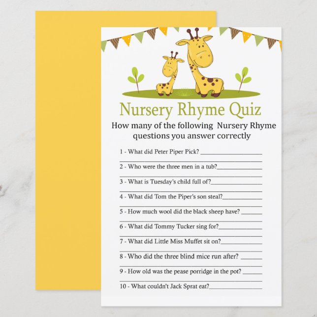 Papier Girafe Cute Nursery Rhyme Quiz jeu de baby shower (Devant / Derrière)